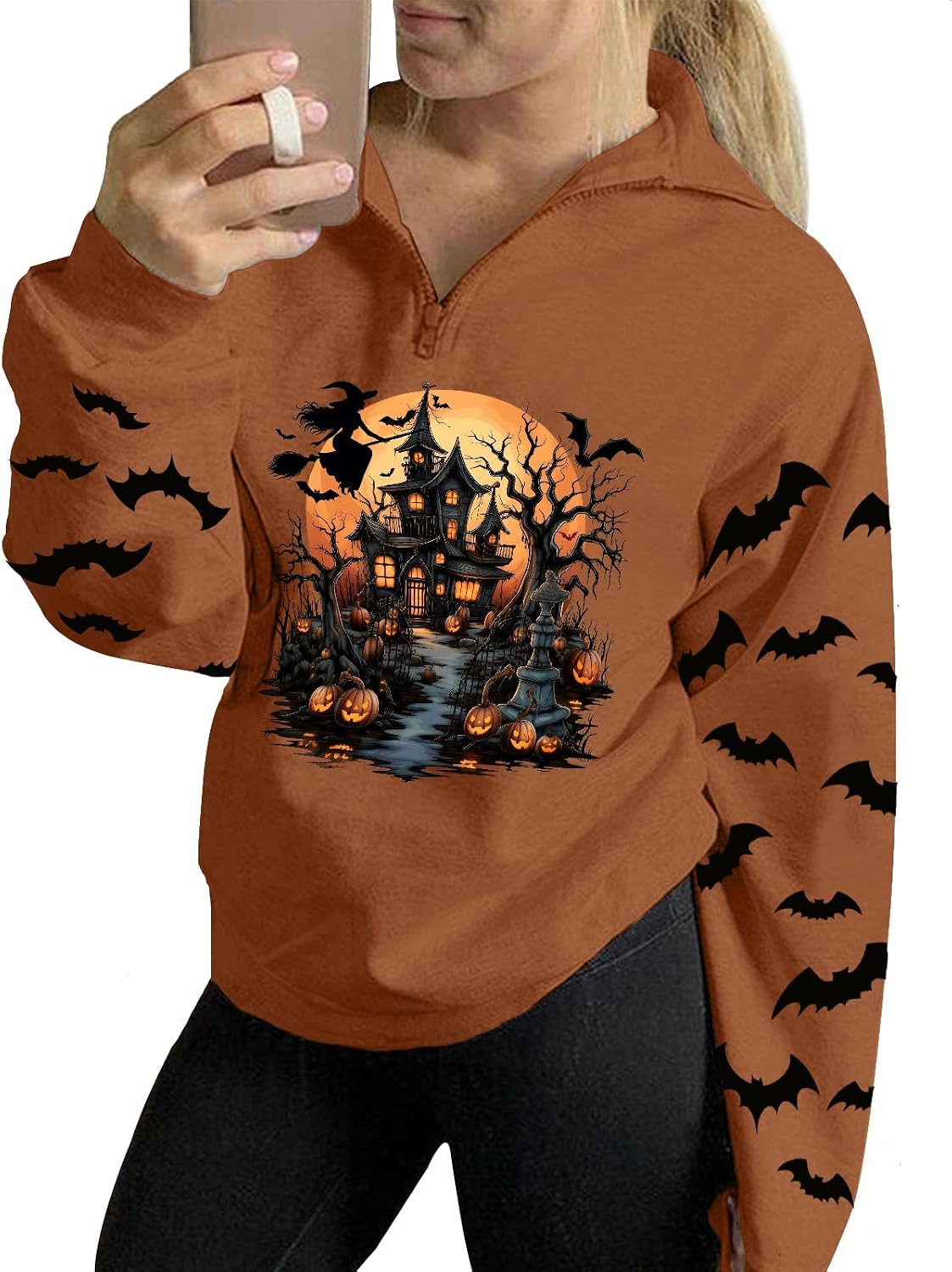 Halloween Sweatshirt for Women Pumpkin Ghost Cat Long Sleeve Shirt