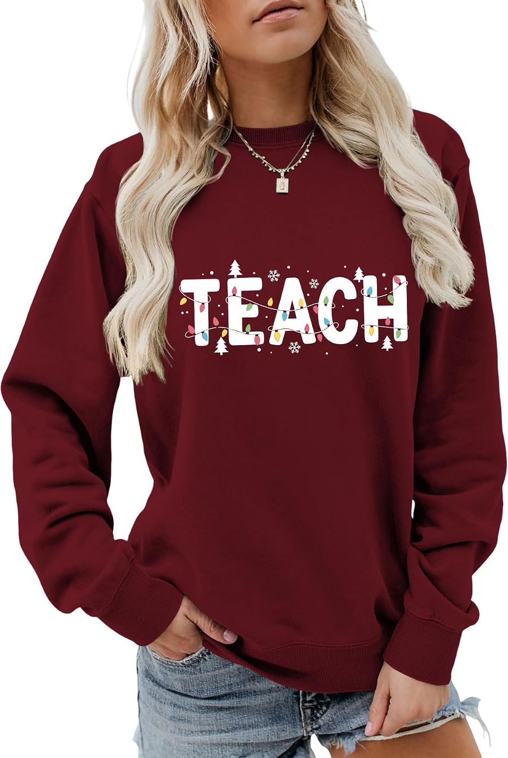 Women's Sweatshirt, Teach Christmas Theme Pullover for Holiday Educators Long Sleeve Comfortable Pullover