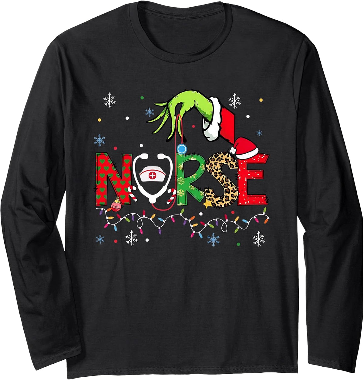 Stethoscope Nurse Merry Christmas Xmas Lights Holiday Snow Long Sleeve T-Shirt