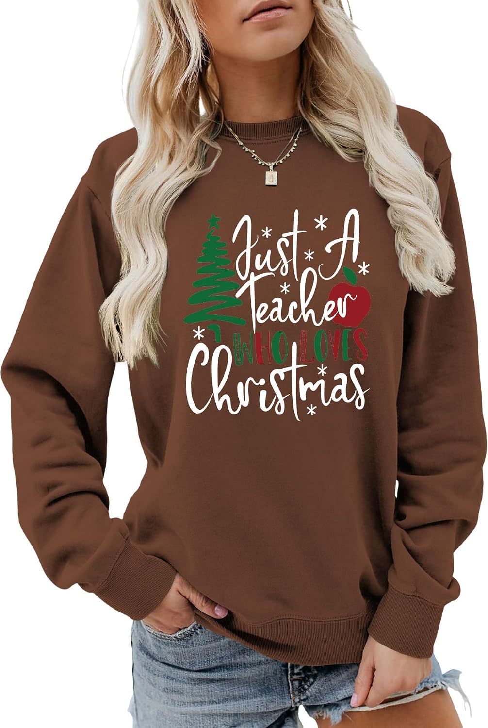 Christmas Sweatshirt for Women Just A Teacher Who Love Christmas Crewneck Long Sleeve Shirt Cute Xmas Pullover Tops