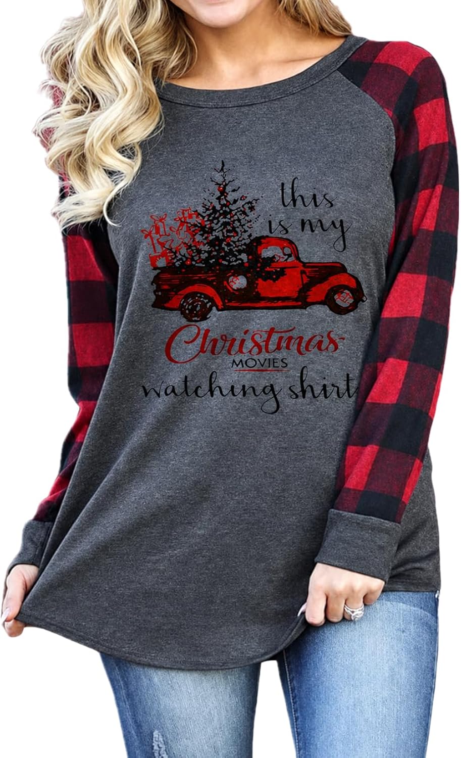 Women's Merry Christmas Shirts This is My Christmas Movie Watching Shirt Gnome Plaid Long Sleeve Raglan Baseball Tee Tops