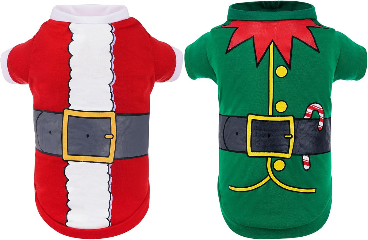 2 Pack Christmas Dog Shirts Santa Elf Print Christmas Outfit Santa Costume Pet Apparel for Small Dogs and Cats (Small)