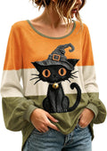 Halloween Sweatshirts for Women Cat Boho Crewneck Long Sleeve Tops