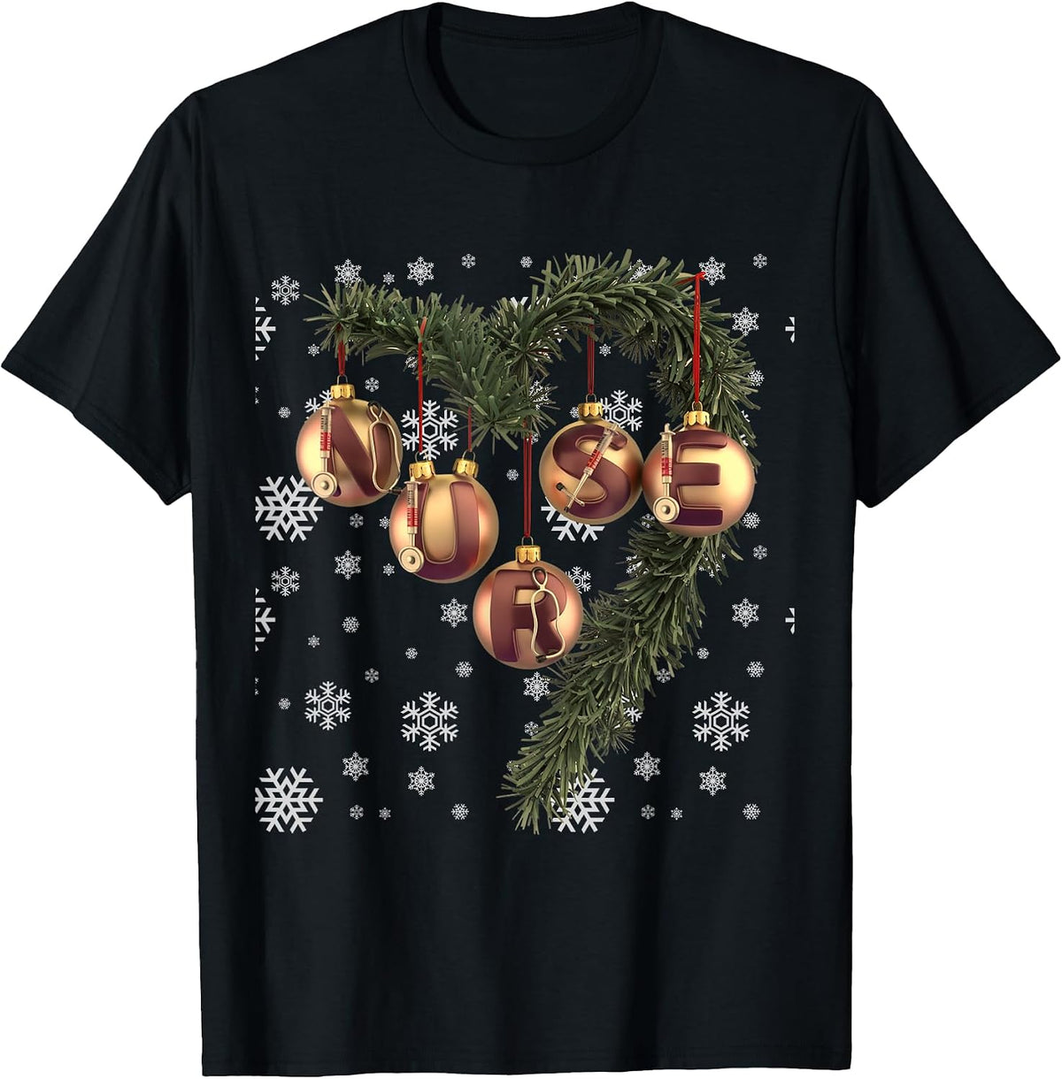 Merry Christmas Nurse Ornamented Letters Snowflakes T-Shirt