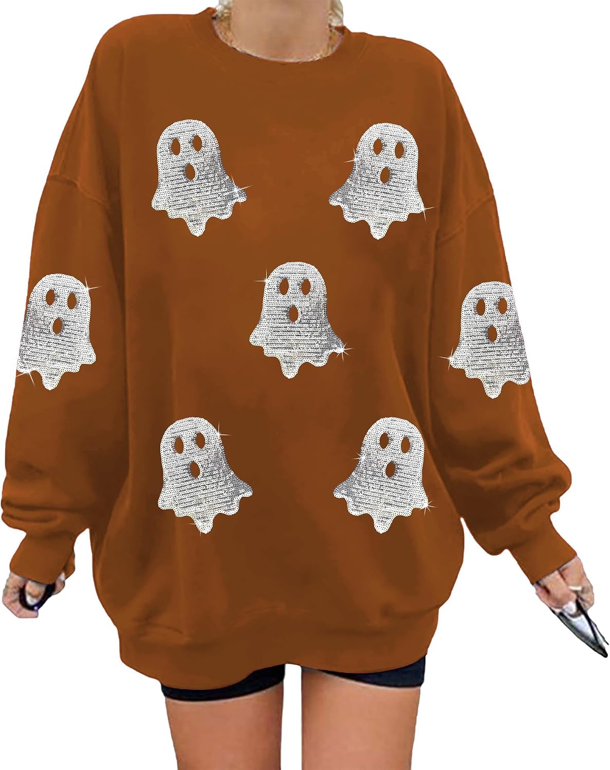 Halloween Sweatshirts for Women Sequin Ghost Long Sleeve Shirt