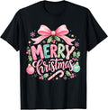 Merry Christmas Pink Coquette Bow Family Xmas Girls Women T-Shirt