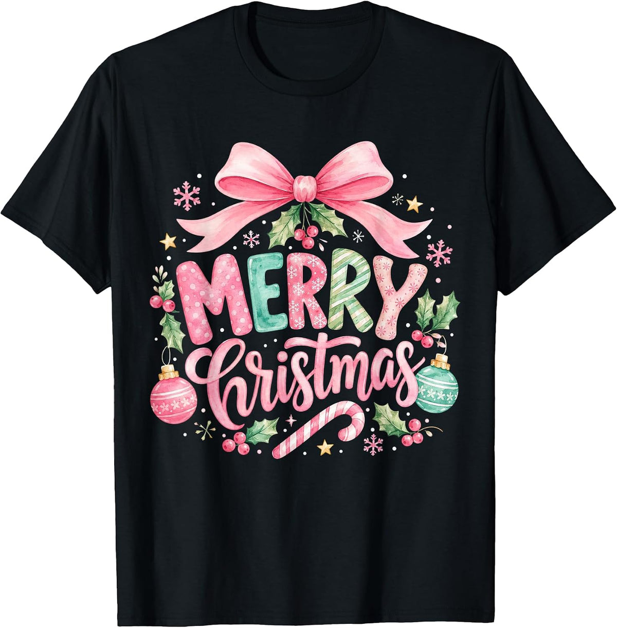 Merry Christmas Pink Coquette Bow Family Xmas Girls Women T-Shirt