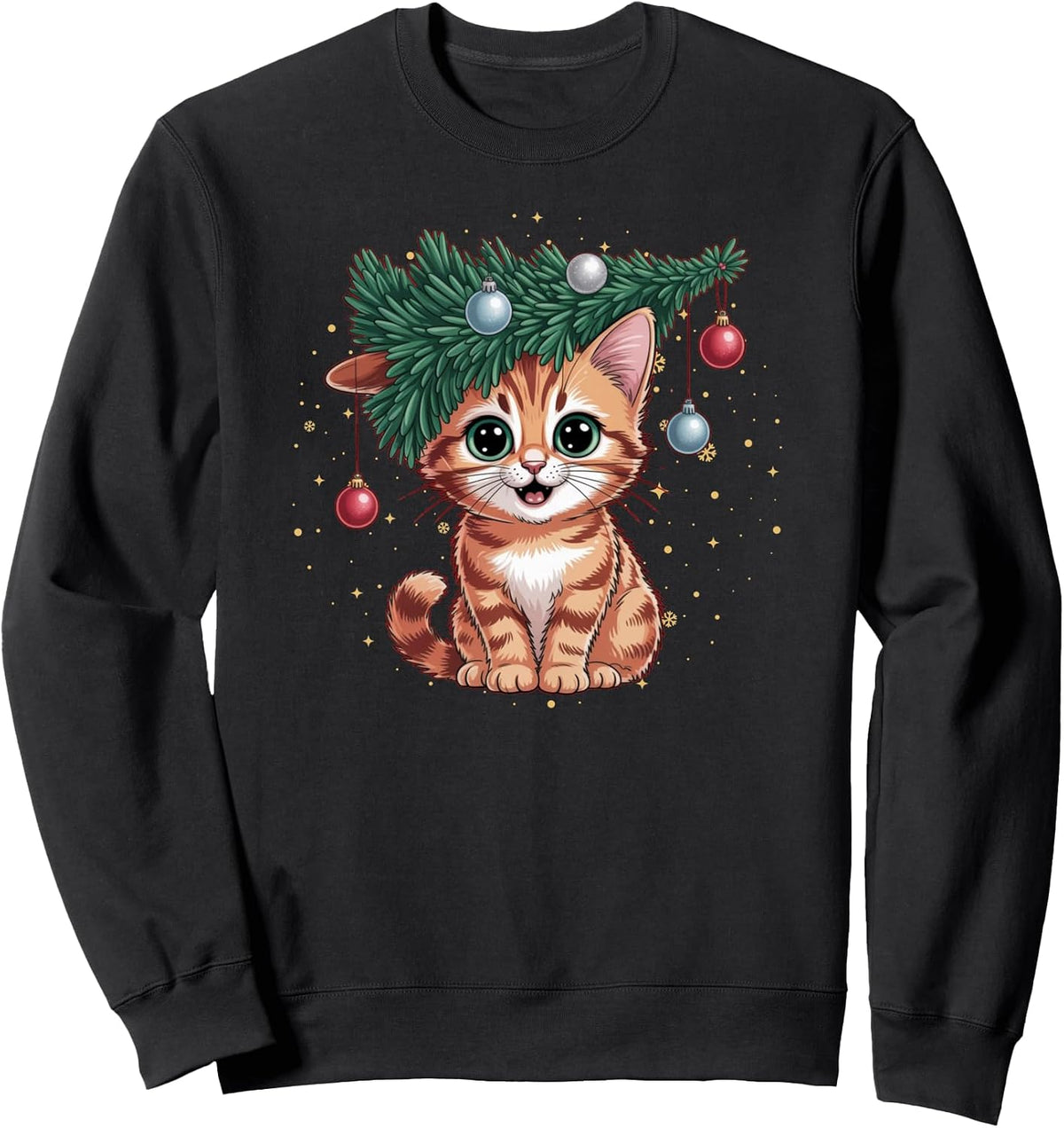 Cute Christmas Cat With Tree Funny Holiday Kitty Lights Sweatshirt