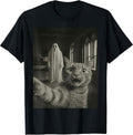 Haunted House Ghost Vintage Photo Funny Tabby Cat Halloween T-Shirt