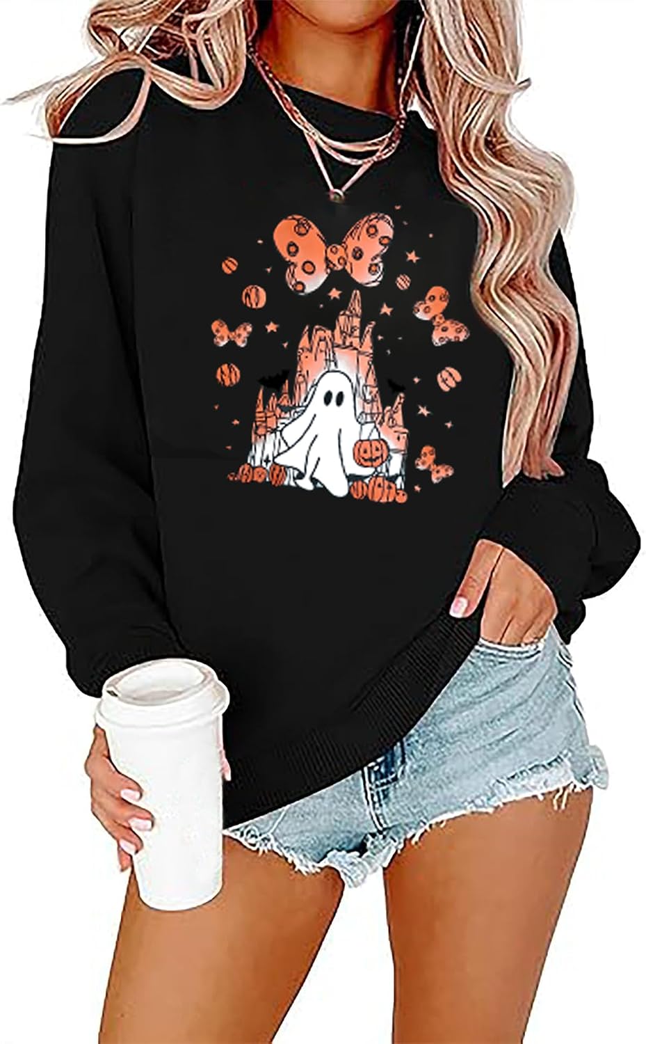 Halloween Sweatshirts for Women: Oversized Ghost Castle Sweatshirt Cute Spooky Season Sweater Fall Pullover Tops