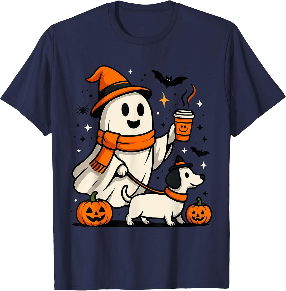 Ghost Walking Dog Shirt, Cute Halloween Dog Dad Ghost Coffee T-Shirt
