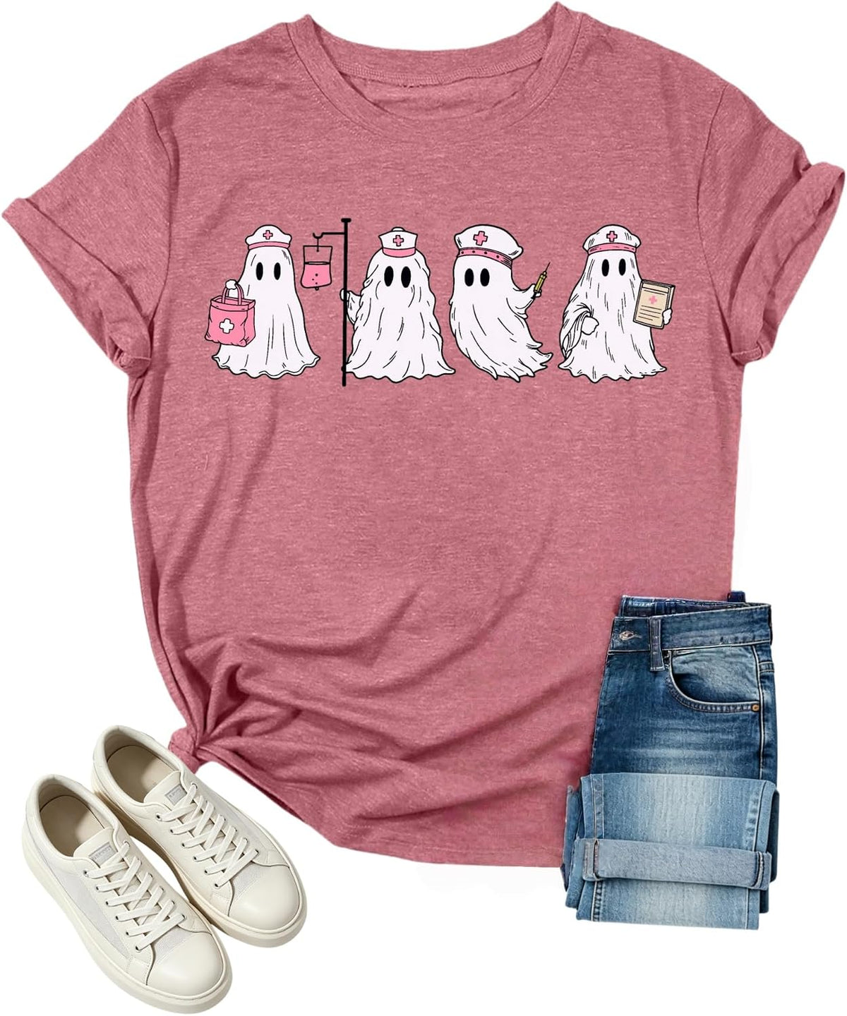 Halloween Nurse Shirts for Women Ghost Nurse Graphic Short Sleeve Tees Tops