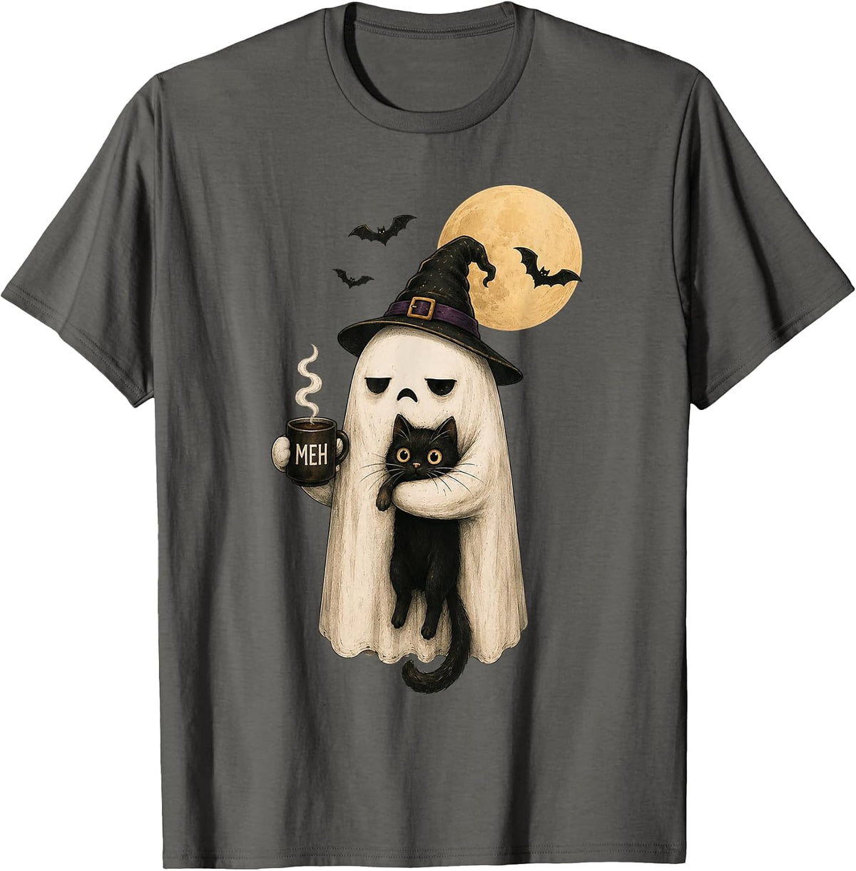 Spooky Ghost Black Cat Coffee Lover Funny Halloween Vintage T-Shirt