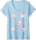 Womens Christmas Coquette Pink Santa Bow Ribbons V-Neck T-Shirt