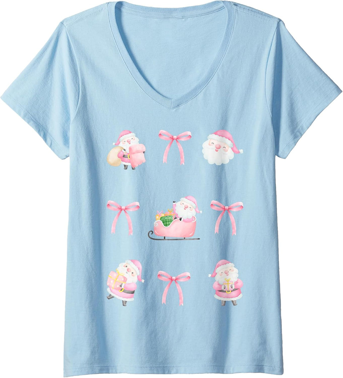 Womens Christmas Coquette Pink Santa Bow Ribbons V-Neck T-Shirt