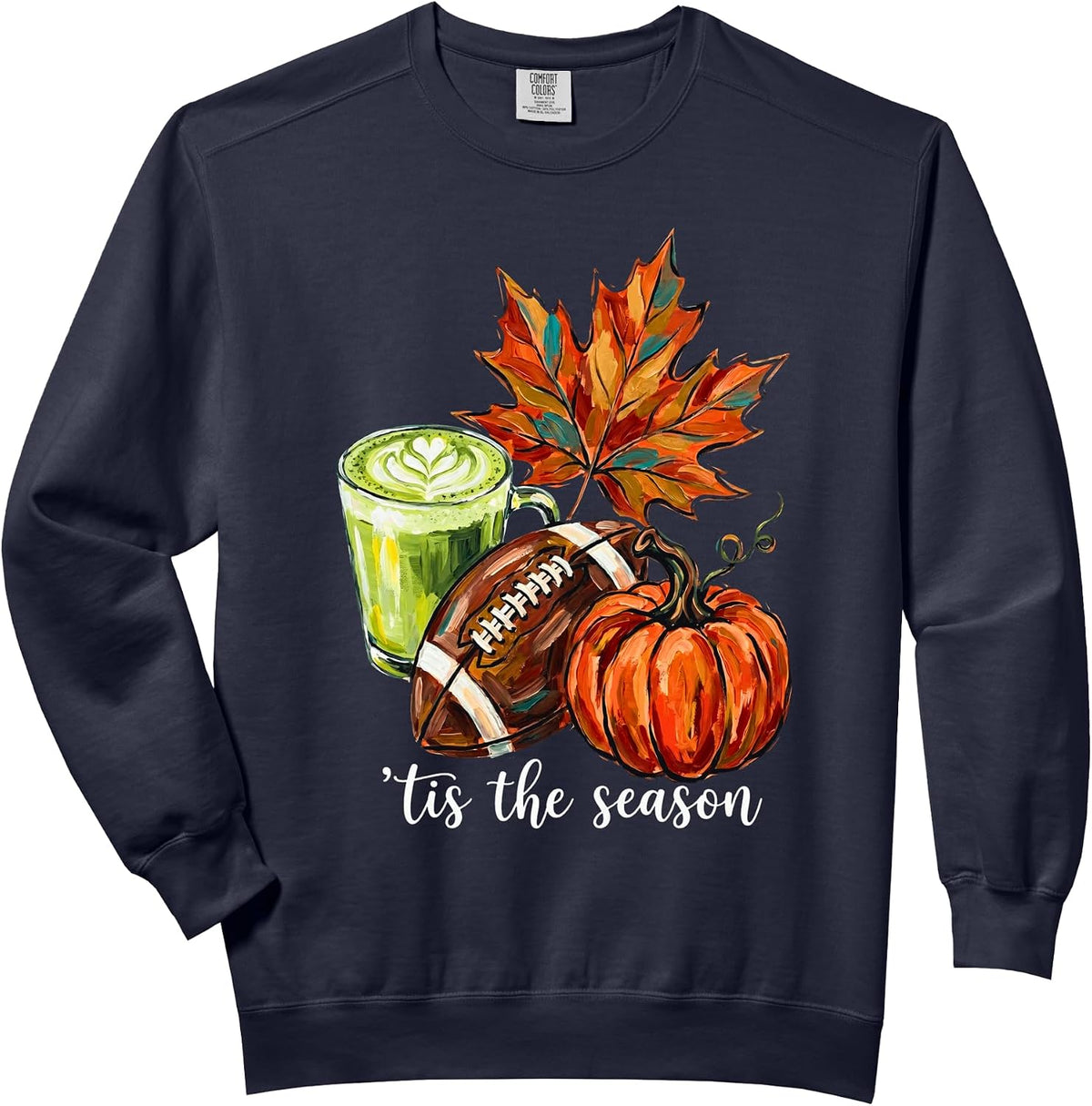 Tis The Season Fall Pumpkin Football Matcha Latte Autumn Art Comfort Colors Adult Sweatshirt