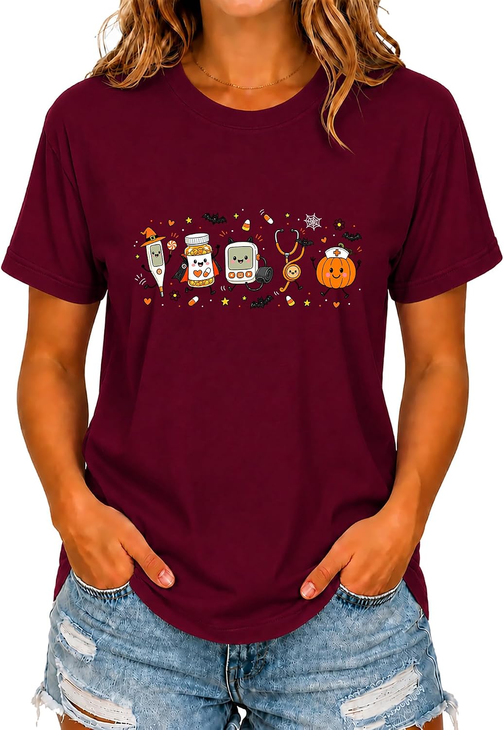 Halloween Nurse Shirt Women Cute Spooky Nurse Medical Graphic T-Shirt