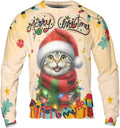 Merry Christmas Santa Cat Scarf Twinkling Lights Xmas Holiday 3D Shirt Zip Hoodies Sweatshirt Sweater