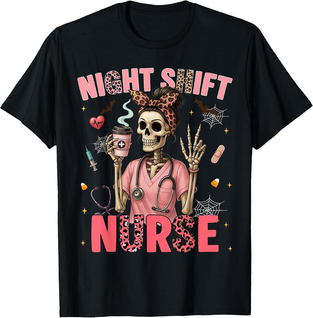 RN ICU Night Shift Nurse Skeleton Halloween Costumes Womens T-Shirt