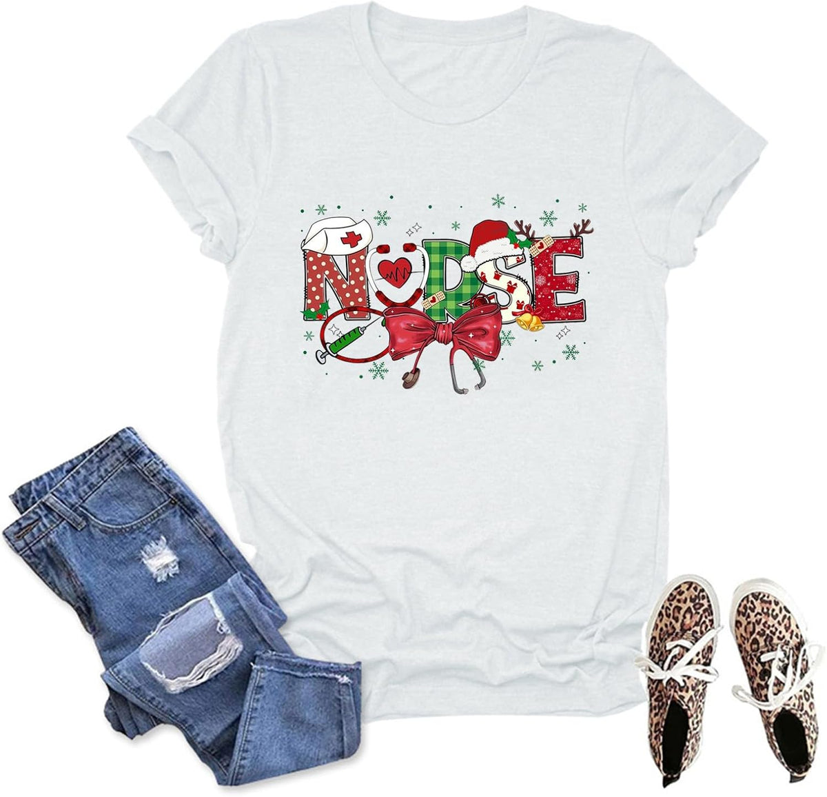 Nurse Christmas Shirt for Women Merry Xmas Nursing Life Casual T-Shirt Short Sleeve Tee Summer Tops Nurses Gift