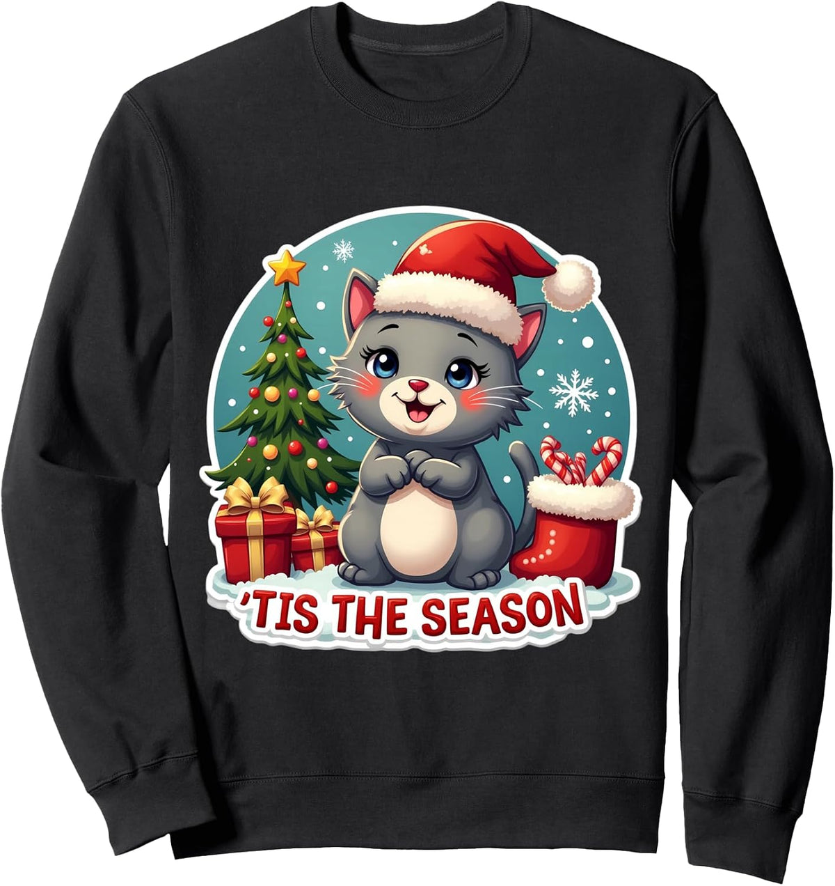Tis The Season Gray Grey Cat Christmas Tree Festive Xmas Fun Sweatshirt