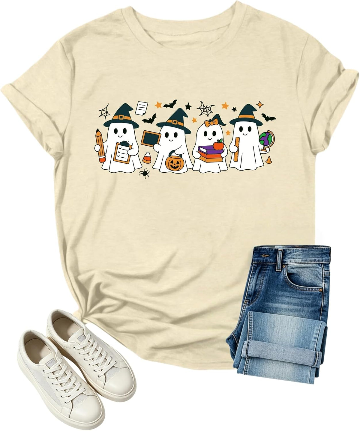Halloween Shirts for Women Teacher Reading Books T-Shirt Funny Fall Party Tee