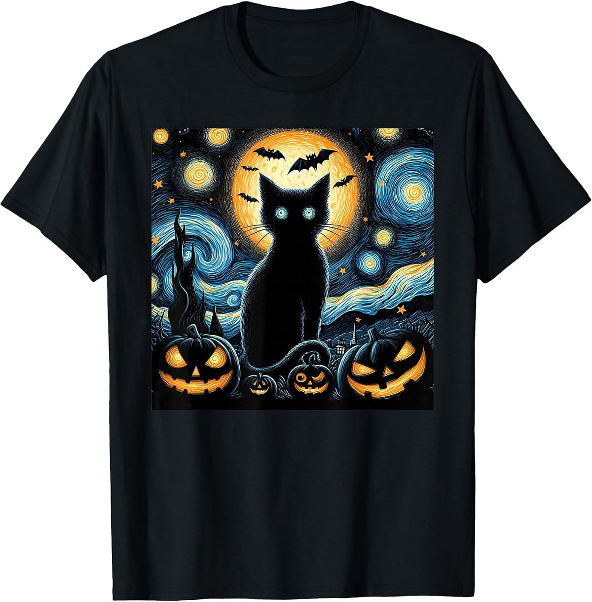 Halloween Starry Night Black Cat Van Gogh Halloween Cat T-Shirt