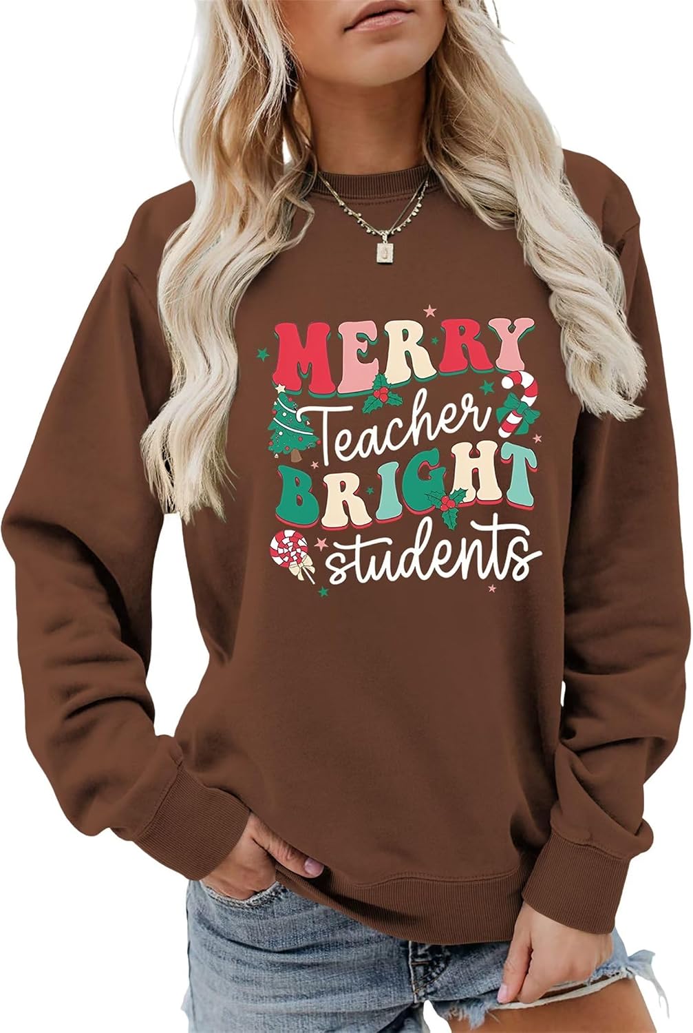 Merry Teacher Bright Student Christmas Sweatshirt Women Cute Xmas Tree Candy Teacher Gift Student Holiday Pullover