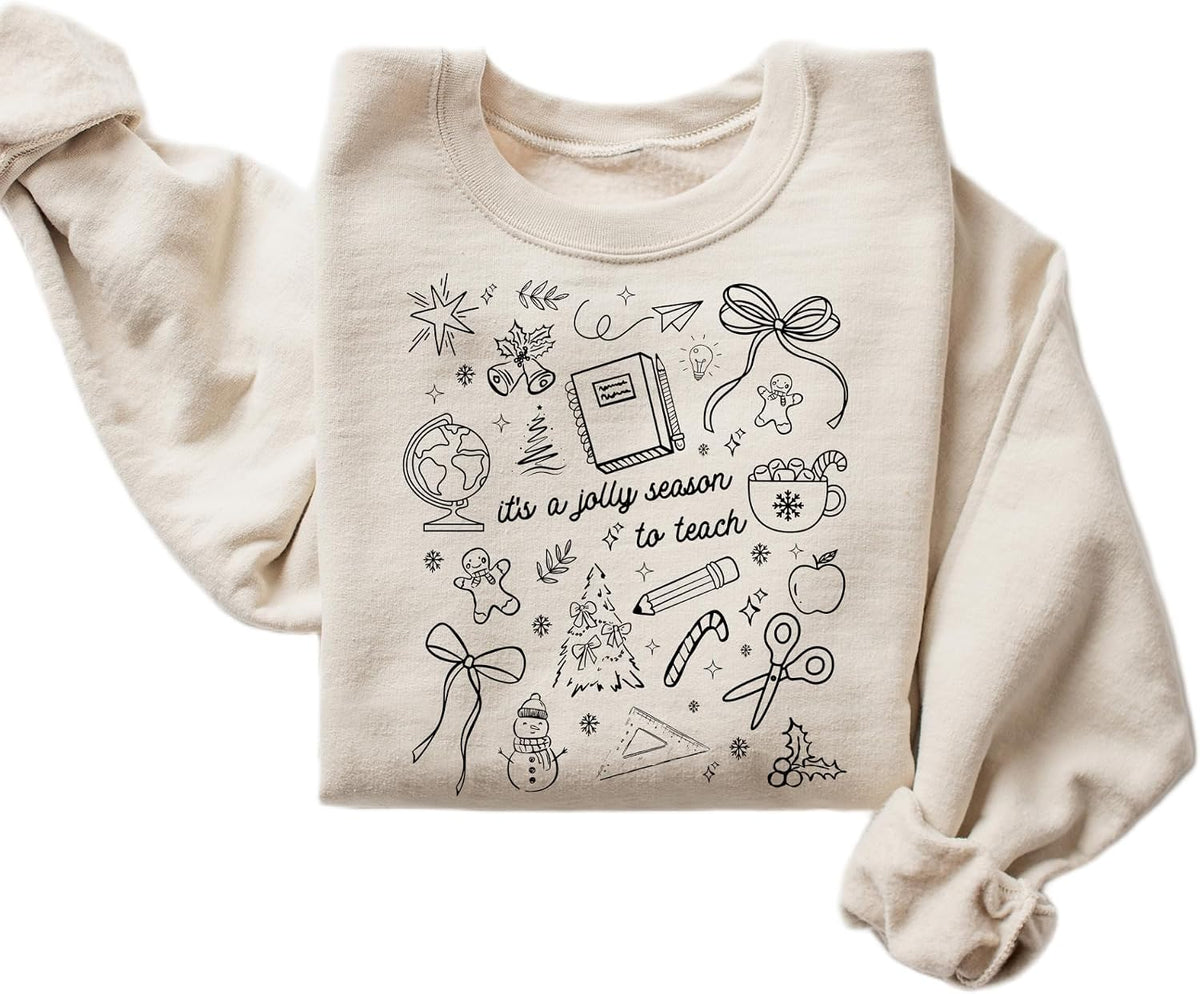 It’s A Jolly Season To Teach Christmas Sweatshirt Women – Cute Teacher Holiday Crewneck