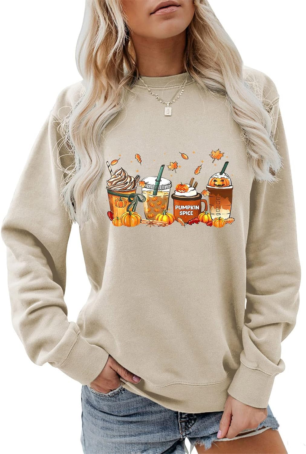 Womens Crewneck Pumpkin Spice Latte Fall Coffee Sweatshirt Halloween Sweater