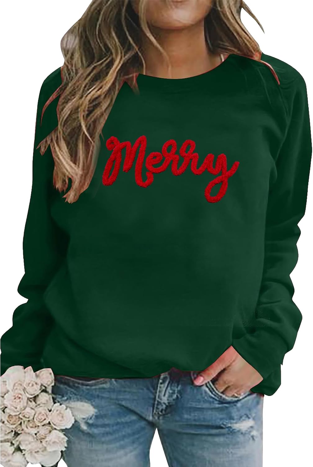 Christmas Sweatshirts Women Merry Chenille Letter Sweatshirt Xmas Holiday Party Gifts Crewneck Pullover Blouse