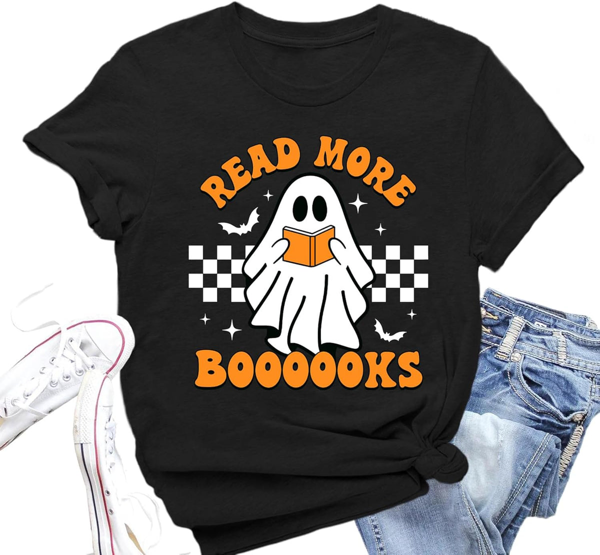 Womens Halloween Teacher Shirts Read Books T-Shirt Ghost Reading Tee