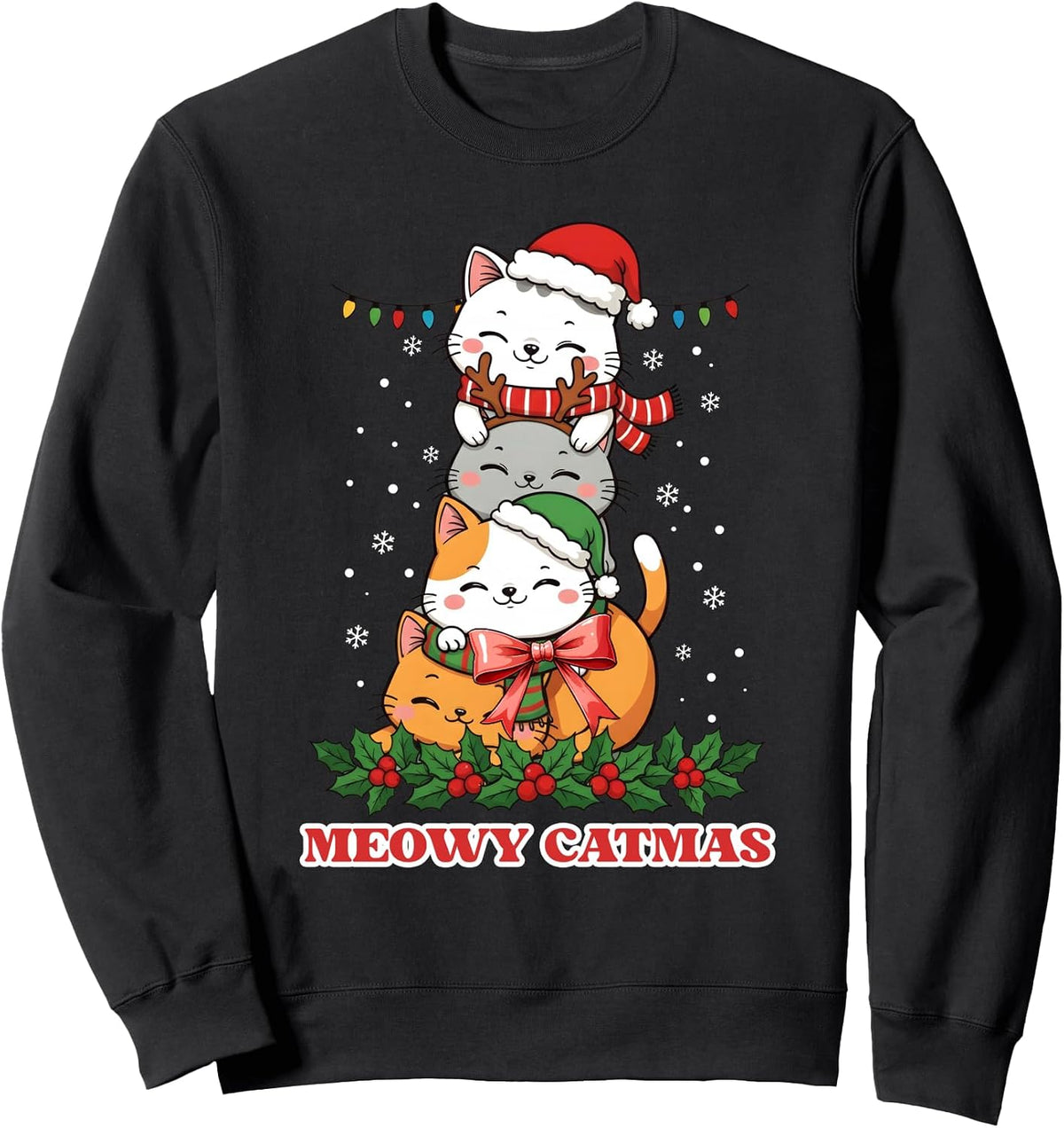Meowy Catmas Funny Christmas Cat Tree Lights Sweatshirt