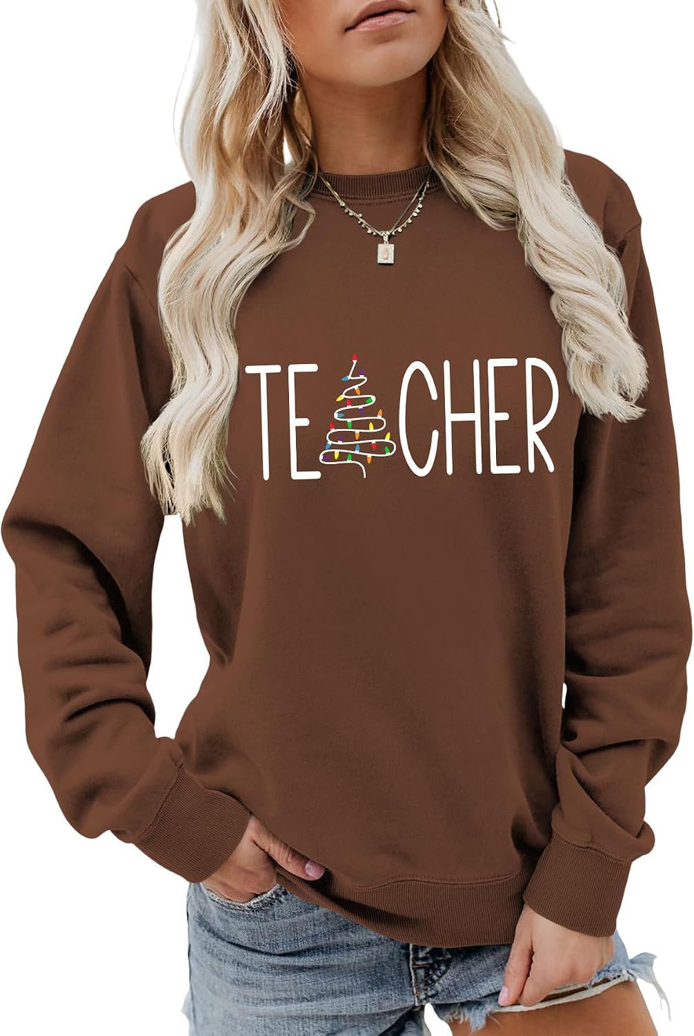 Long Sleeve Teacher Christmas Sweatshirt Women Teacher Funny Graphic Shirts Xmas Holiday Crewneck Pullover Sweater