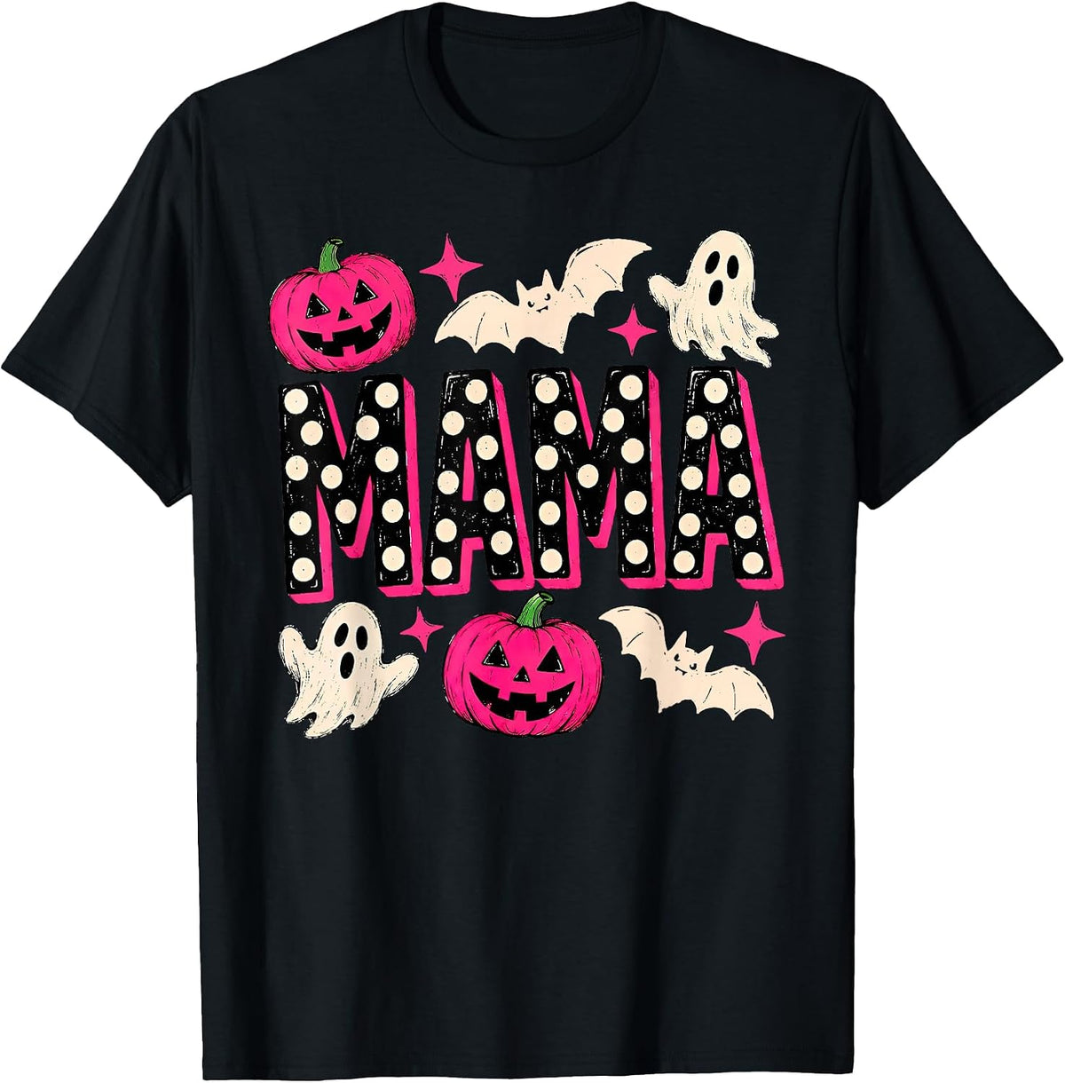 Halloween Mama Pink Pumpkin Ghost Bats Retro Mommy Mom Women T-Shirt