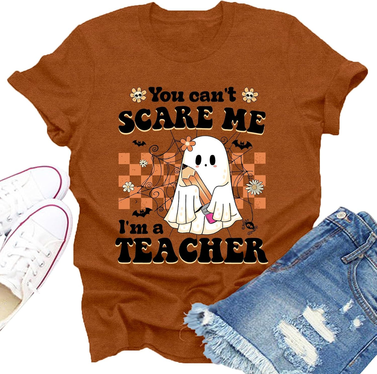 Halloween Teacher Shirts for Women Spooky Pencil Ghost Graphic Tee