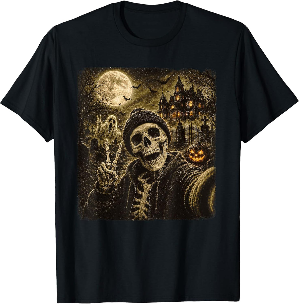 Funny Skeleton Selfie Halloween Ghost Pumpkin Men Women T-Shirt