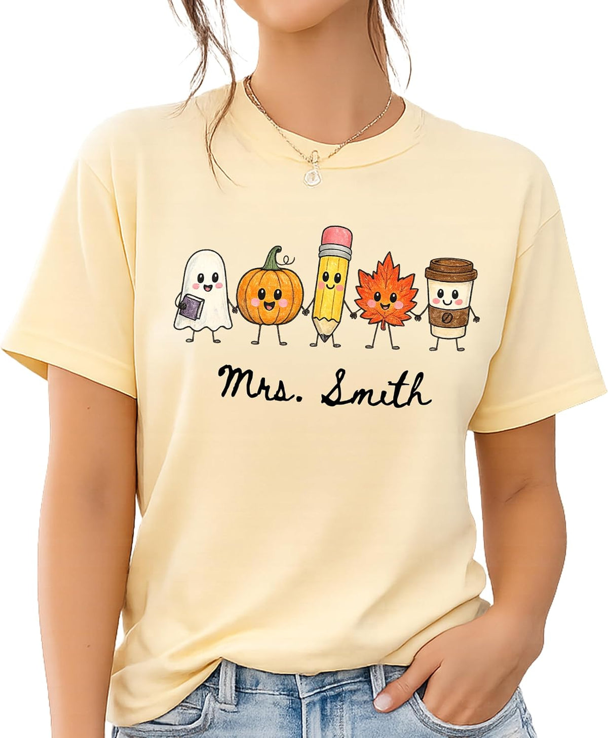 Personalized Fall Teacher Coffee Ghost Characters Shirt with Name