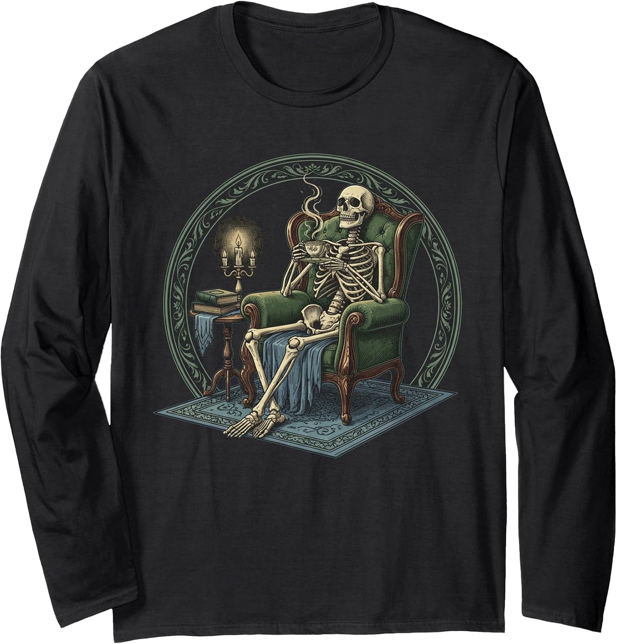 Funny Skull Drinking Coffee Skeleton Art Long Sleeve T-Shirt