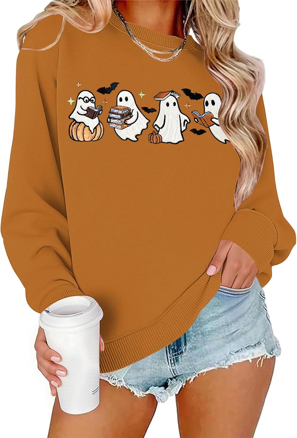 Halloween Sweatshirts for Women Embroidered Ghost Pullover Sweatshirt