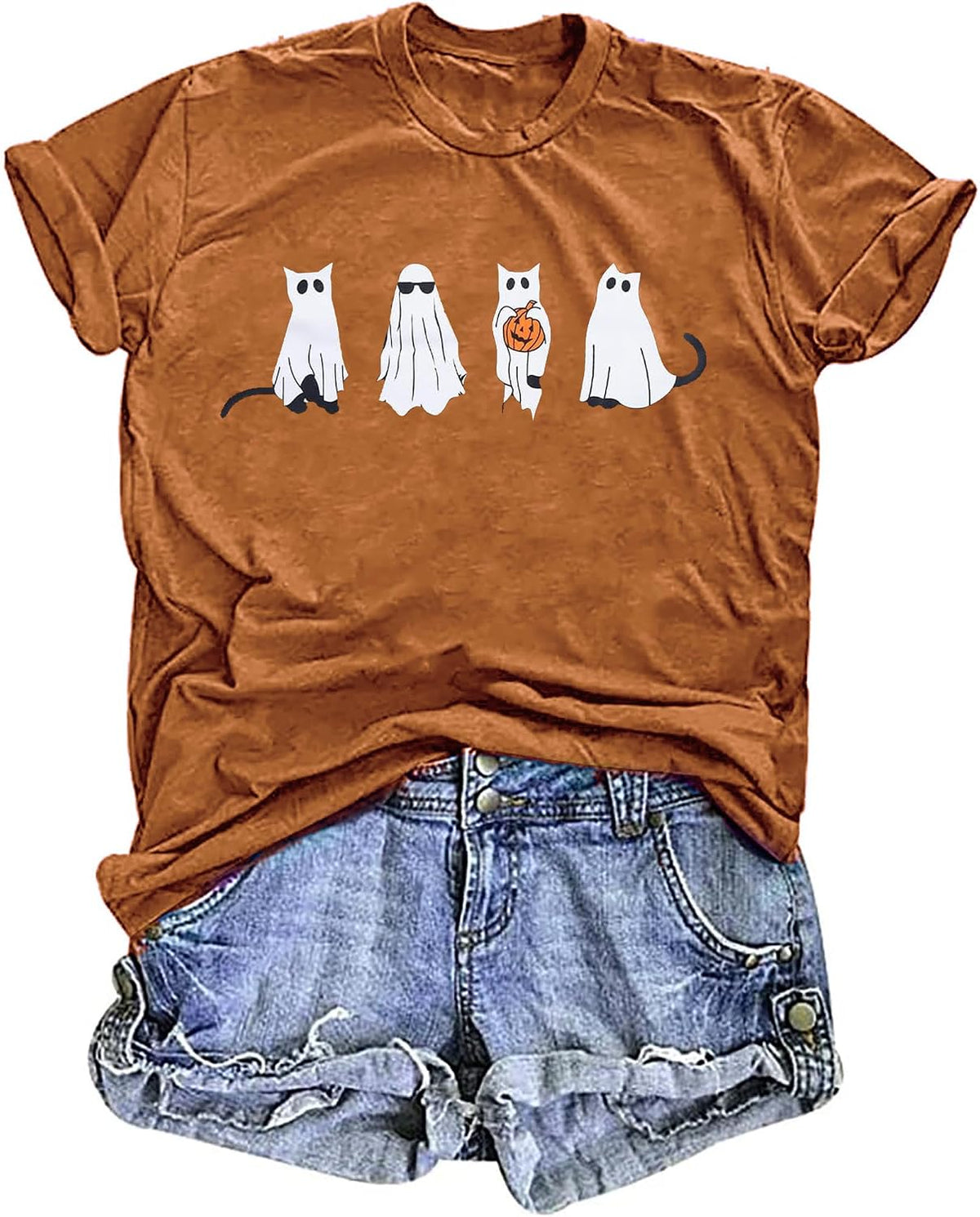 Halloween Ghost Cat Shirt Women Cat Lovers Tshirt Spooky Season Top