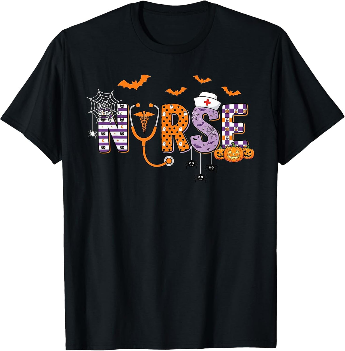 Halloween Nurse Stethoscope Spooky Pumpkin Bats T-Shirt