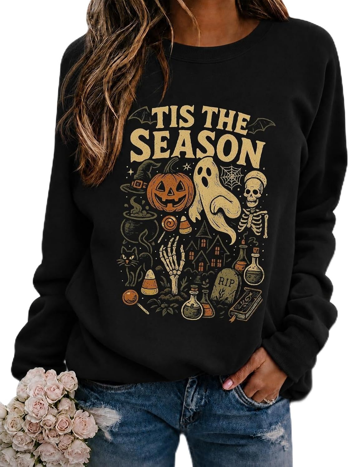 Halloween Sweatshirts for Women Spooky Graphic Sweatshirt Vintage Ghost Pumpkin Long Sleeve Pullover Tops