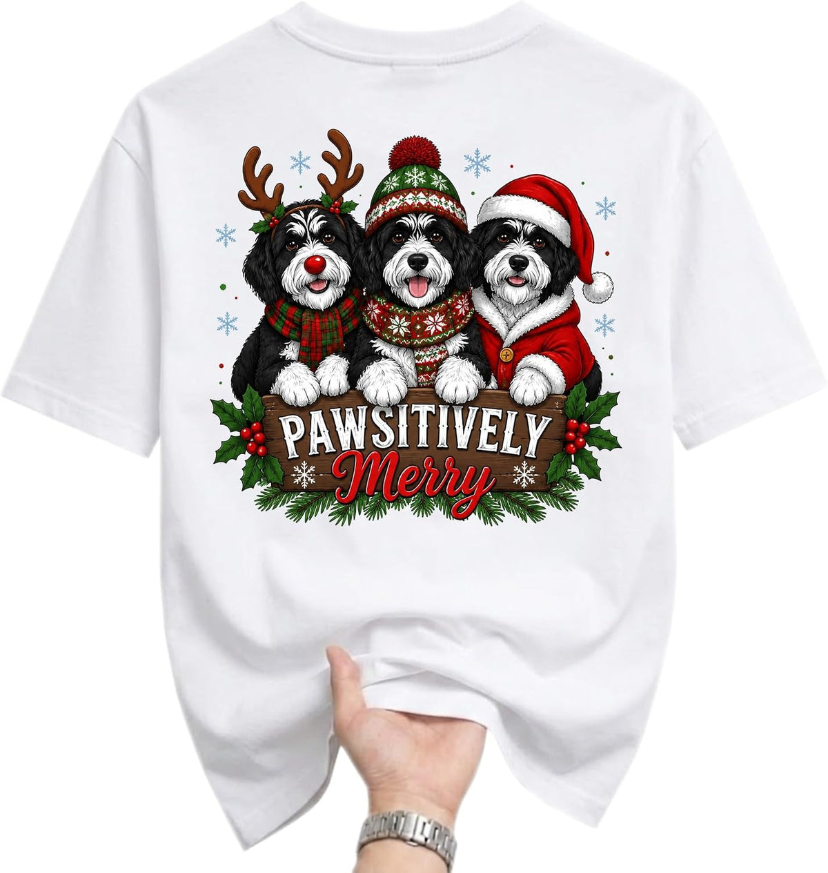 Graphic Tee Pawsitively Merry Christmas Dog Shirt Cute Holiday Crew Neck
