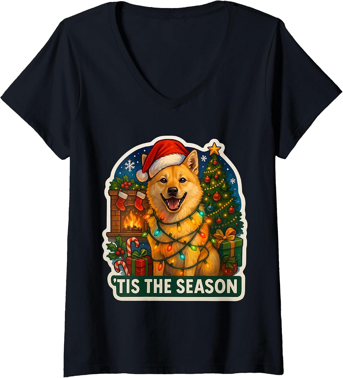 Womens Tis The Season Norwegian Buhund Dog Merry Christmas Mom Dad V-Neck T-Shirt