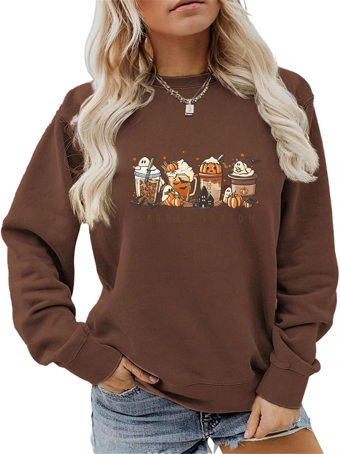Women Halloween Shirt Spooky Season Sweatshirt Cute Pumpkin Spice Fall Latte Print Long Sleeve Crewneck Pullover Top