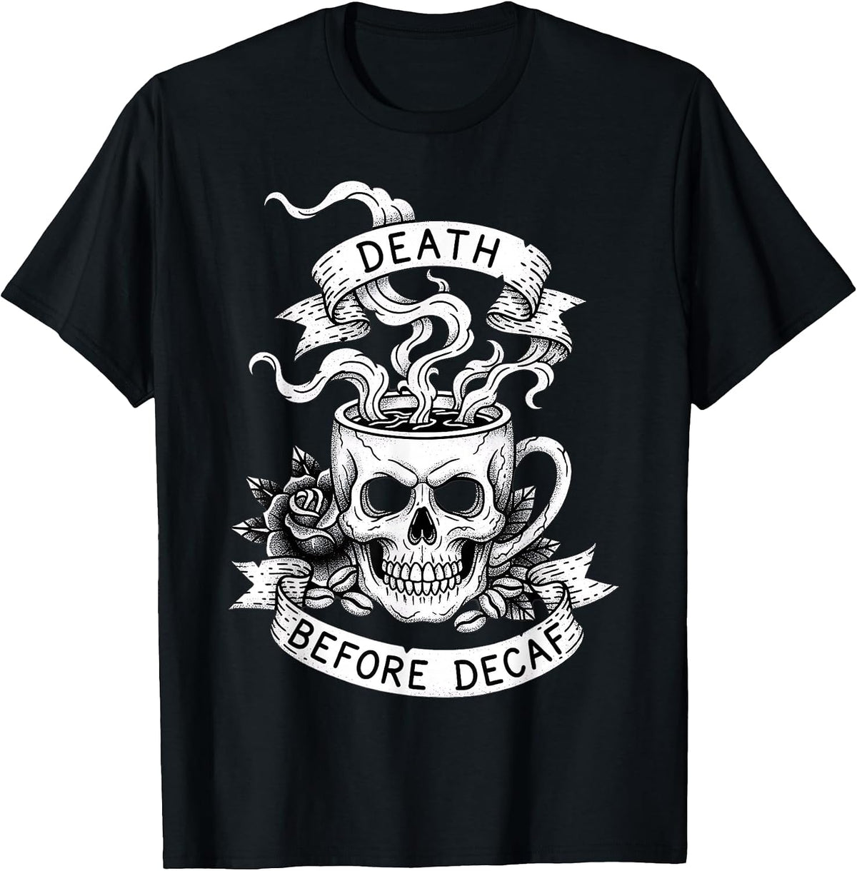 Death Before Decaf Coffee Caffeine Skeleton Funny Graphic T-Shirt