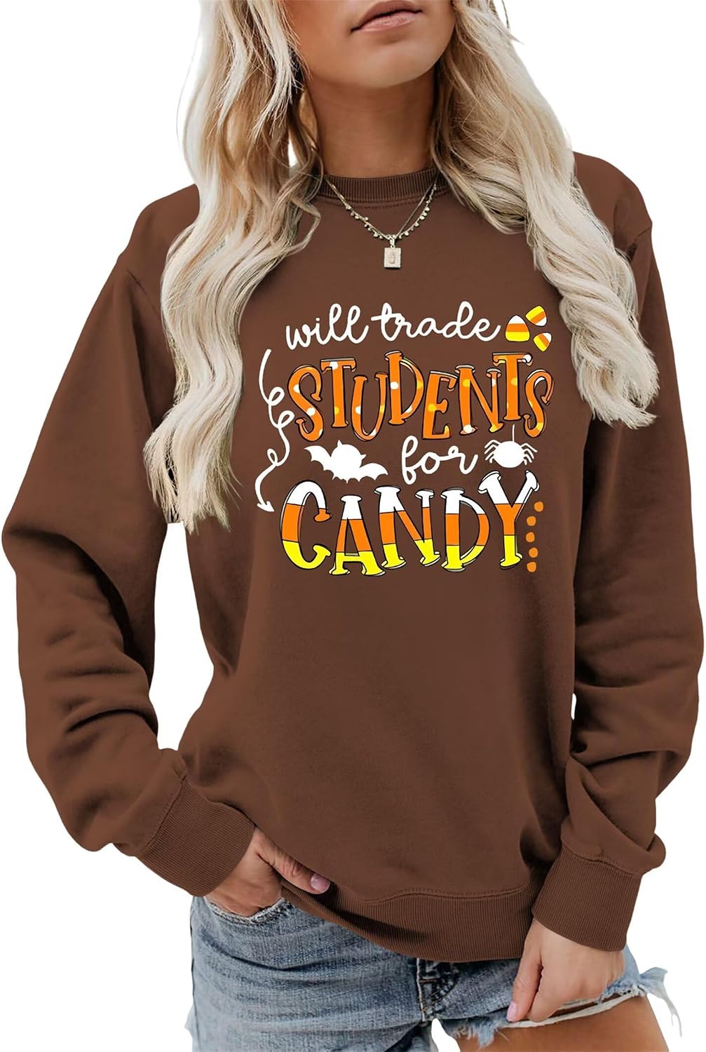 Women Halloween Teacher Sweatshirt Will Trade Students for Candy Pullover Humor Teacher Gift Fall Long Sleeve Top