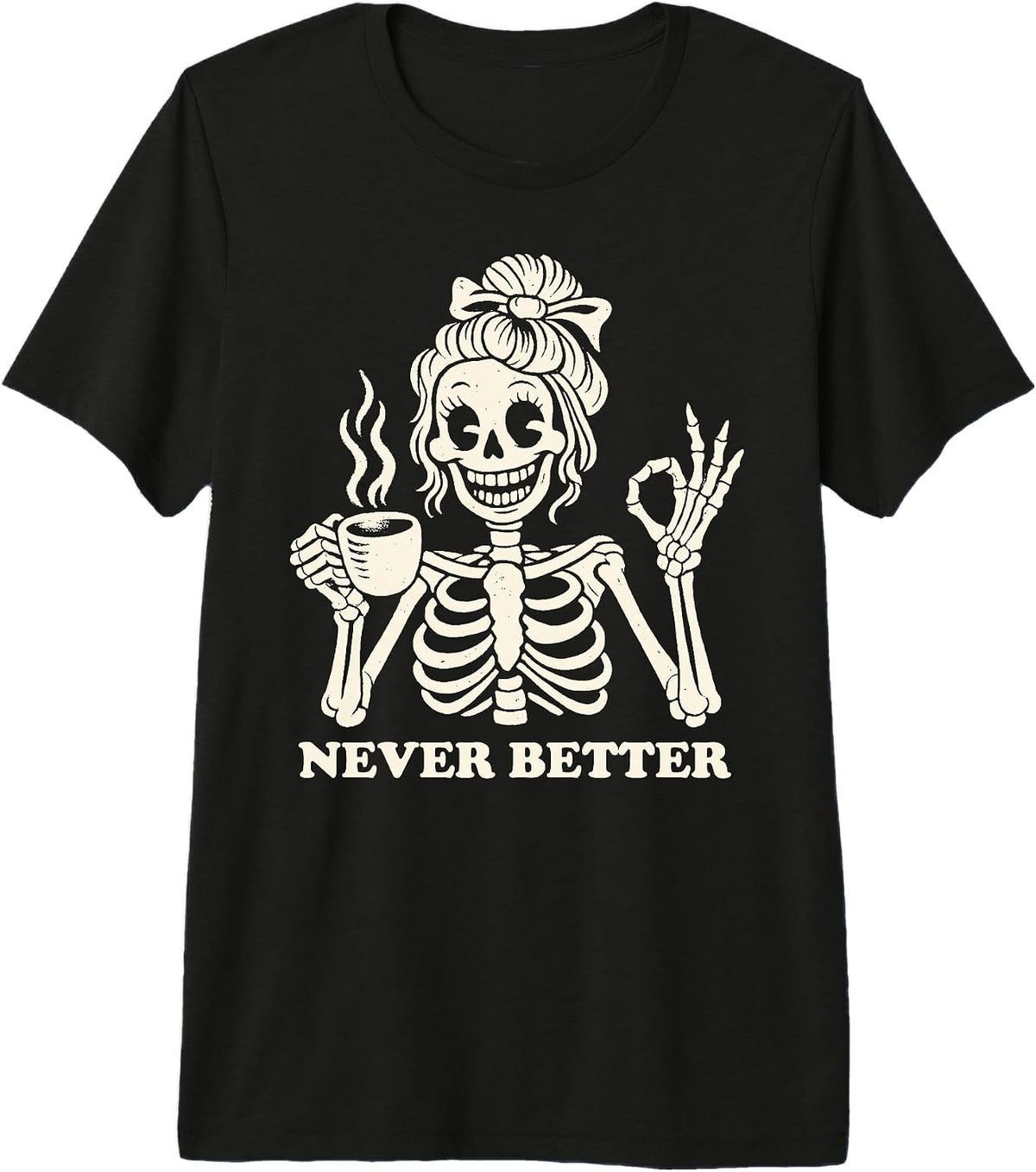 Messy Bun Skeleton Drinking Coffee Woman Humor Premium Tri-Blend T-Shirt