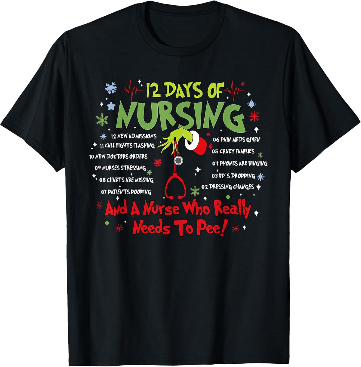 12 Days of Nursing Stethoscope Nurse Christmas Xmas Holiday T-Shirt